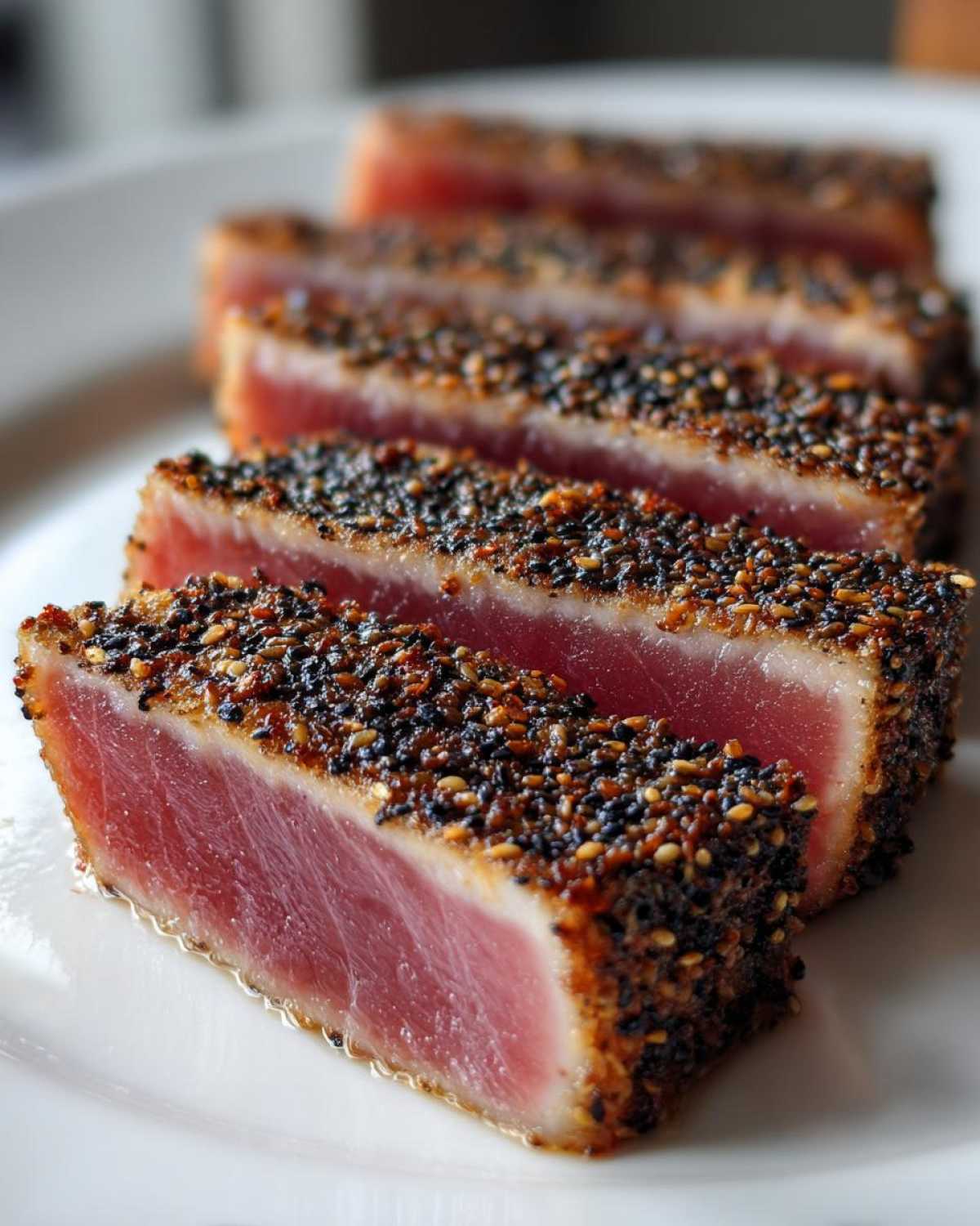 Close-up of four slices of perfectly Seared Ahi Tuna with a thick, dark sesame and pepper crust.