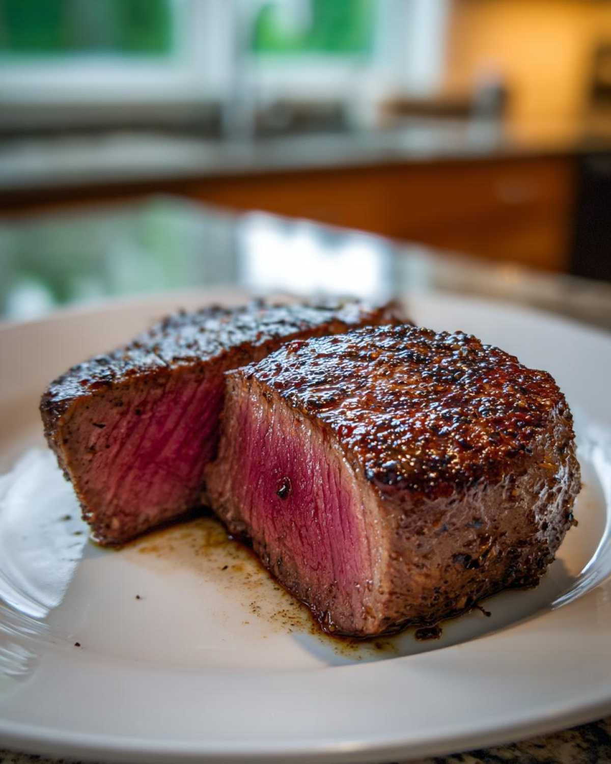 Close-up of a perfectly seared steak, cut in half to show a medium-rare interior, illustrating the results of a great MARINADE FOR TUNA STEAK.