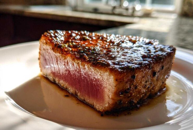 Close-up of a perfectly seared tuna steak, rare in the center, resting in its own juices after being treated with a MARINADE FOR TUNA STEAK.