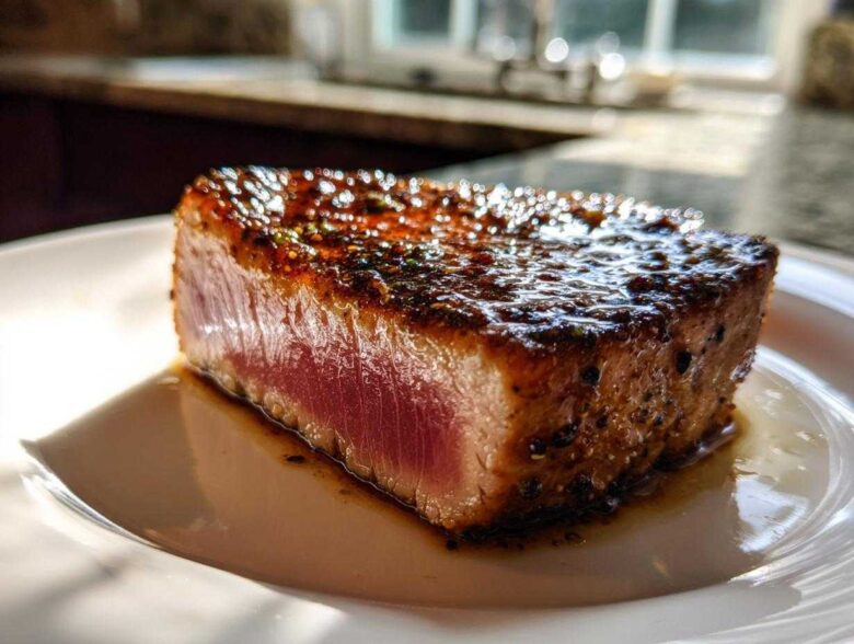 Close-up of a perfectly seared tuna steak, rare in the center, resting in its own juices after being treated with a MARINADE FOR TUNA STEAK.