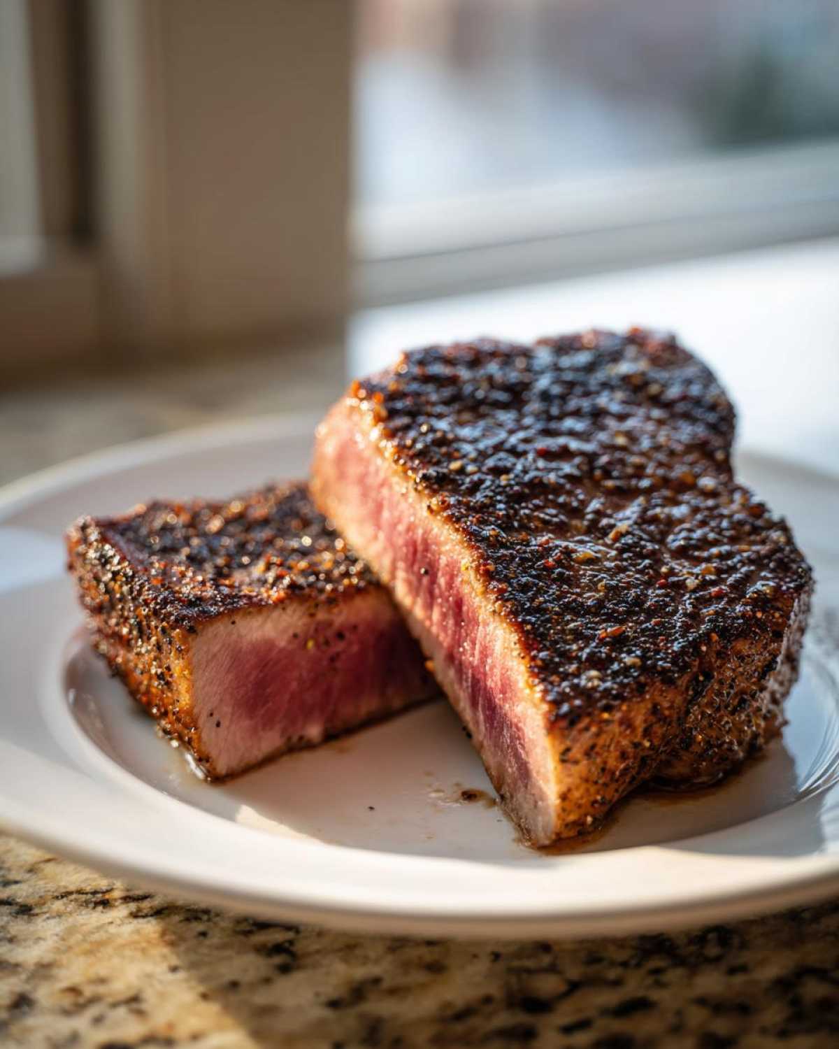 Two halves of a perfectly seared tuna steak, showing a rare, pink center and a dark, seasoned crust, ready to eat.