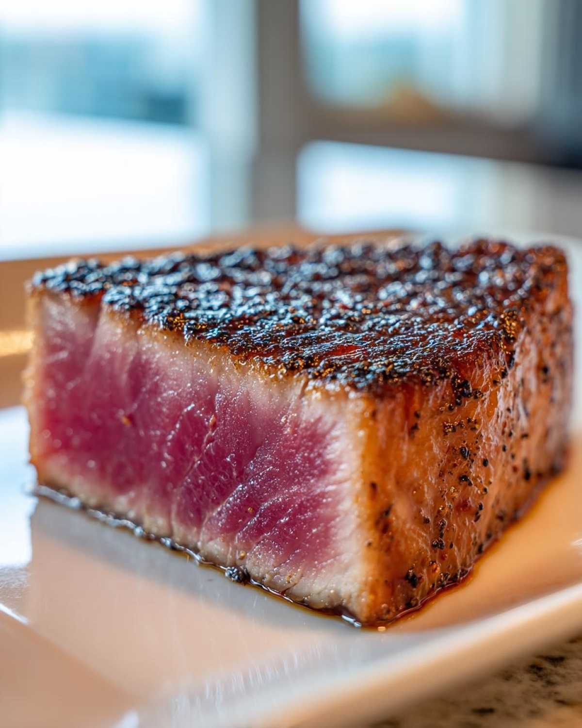 Close-up of a thick, perfectly seared tuna steak, rare in the center, seasoned with pepper, ready after using the MARINADE FOR TUNA STEAK.