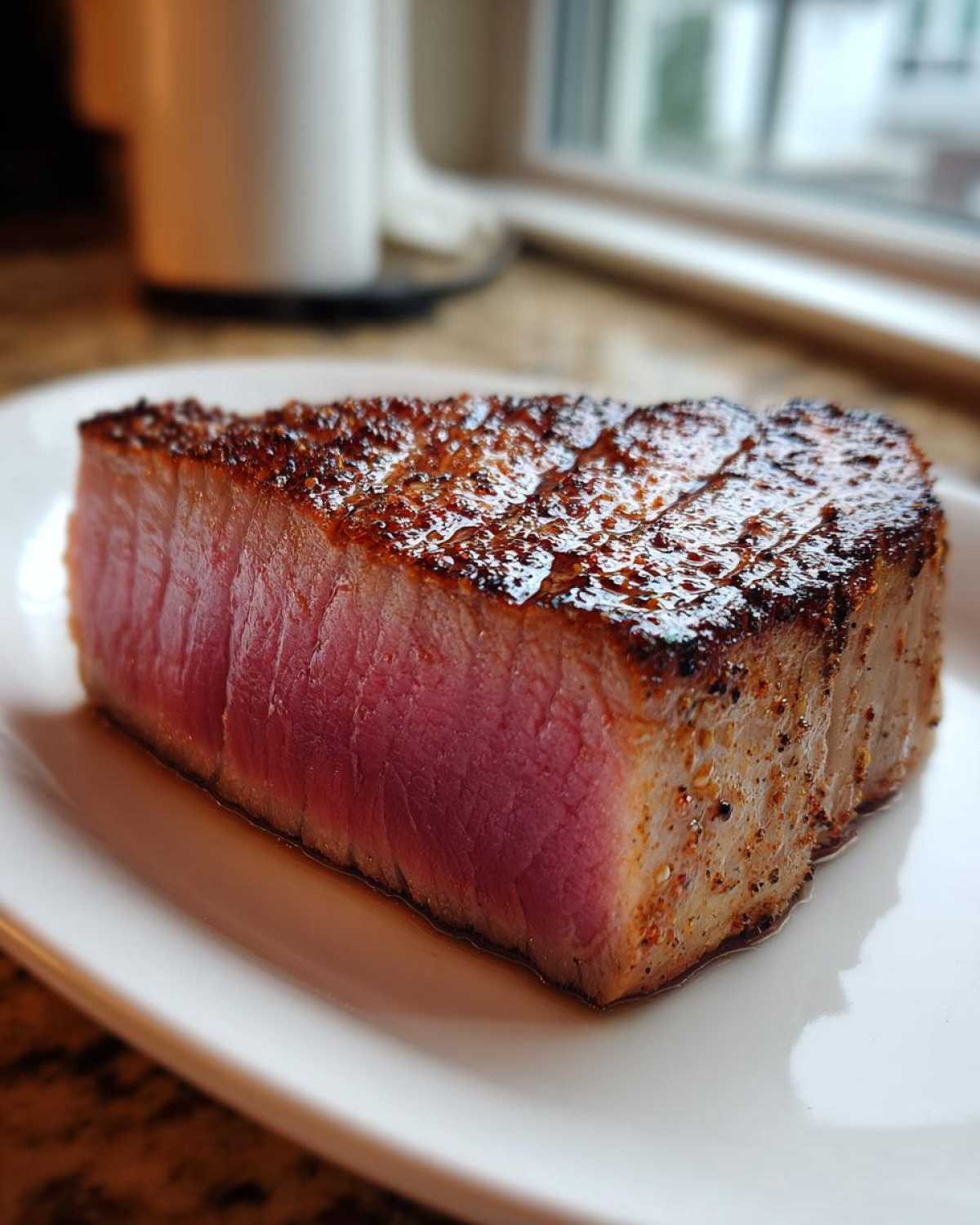 Close-up of a perfectly seared tuna steak, showing a dark crust and rare pink center, likely prepared with the MARINADE FOR TUNA STEAK.