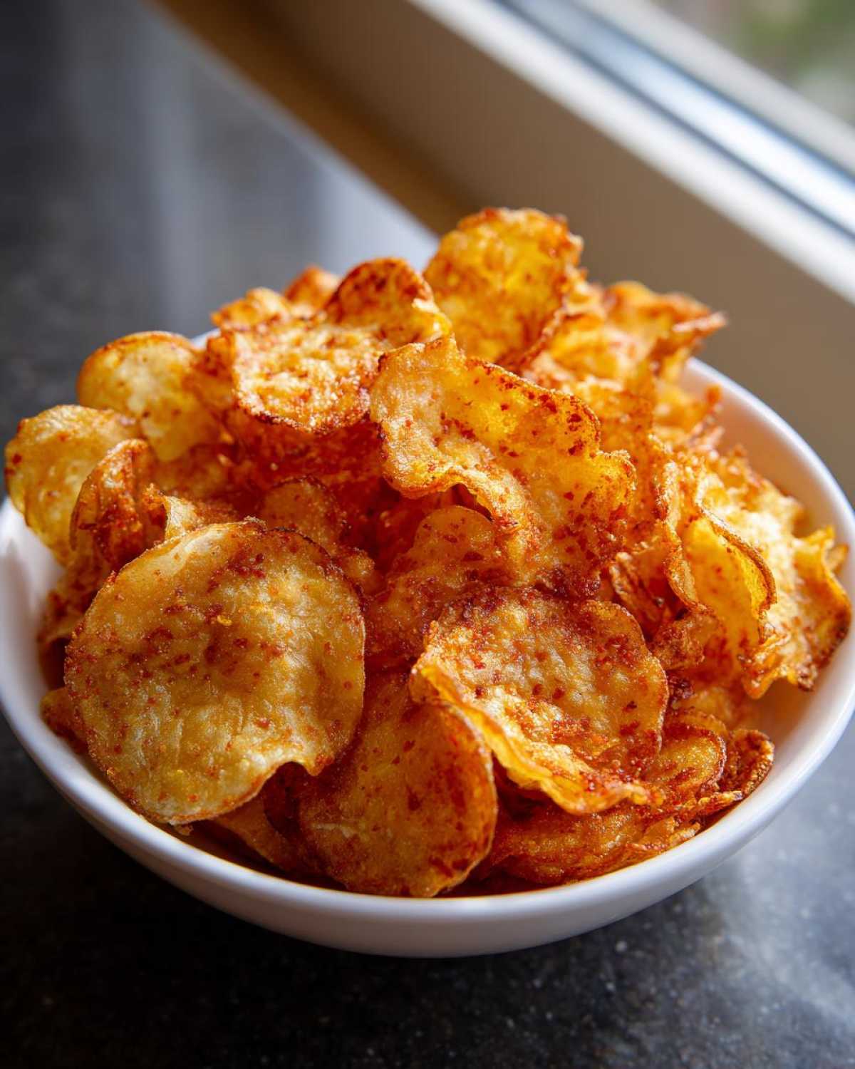 A white bowl overflowing with golden, crispy, seasoned homemade potato chips, perfect for snacking.