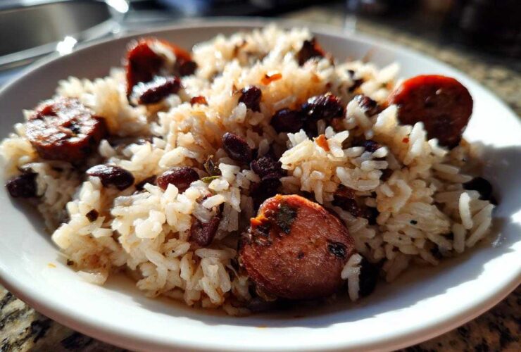 Close-up of a white bowl filled with seasoned white rice, black beans, and slices of smoked sausage, representing black beans and rice.