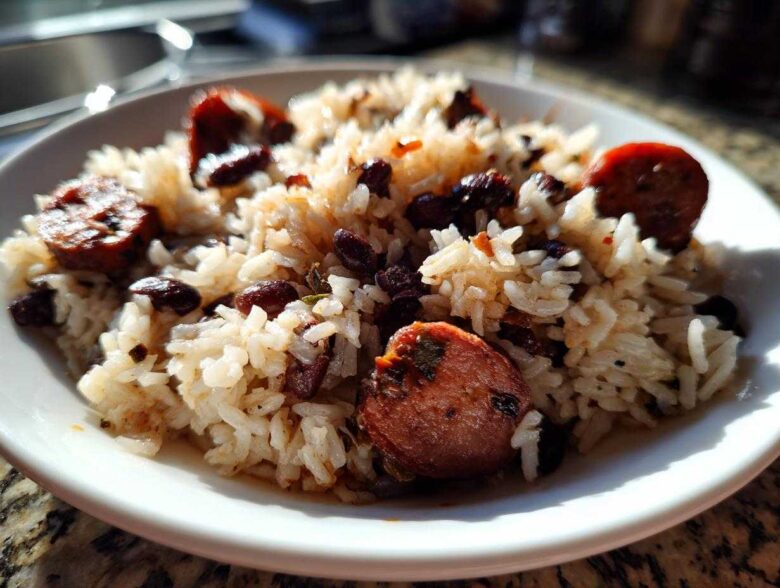 Close-up of a white bowl filled with seasoned white rice, black beans, and slices of smoked sausage, representing black beans and rice.