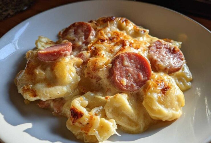 A close-up serving of baked pierogi casserole topped with melted cheese and slices of smoked sausage.