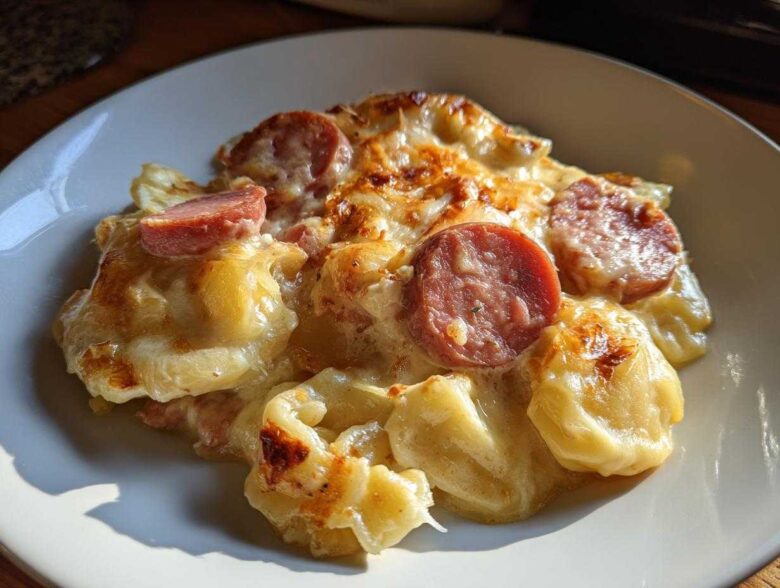 A close-up serving of baked pierogi casserole topped with melted cheese and slices of smoked sausage.