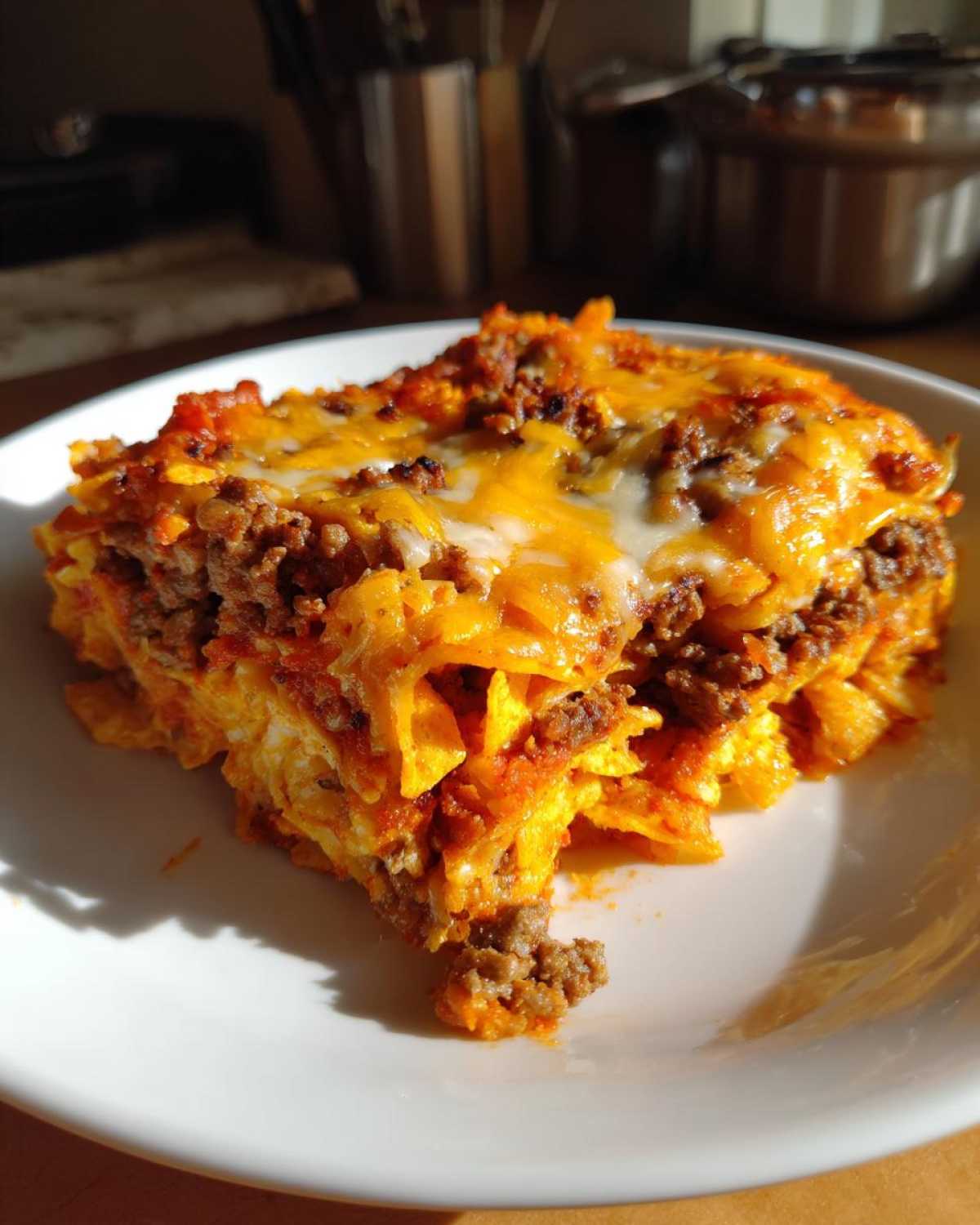 A close-up serving of Dorito Casserole layered with ground beef and melted cheddar cheese on a white plate.