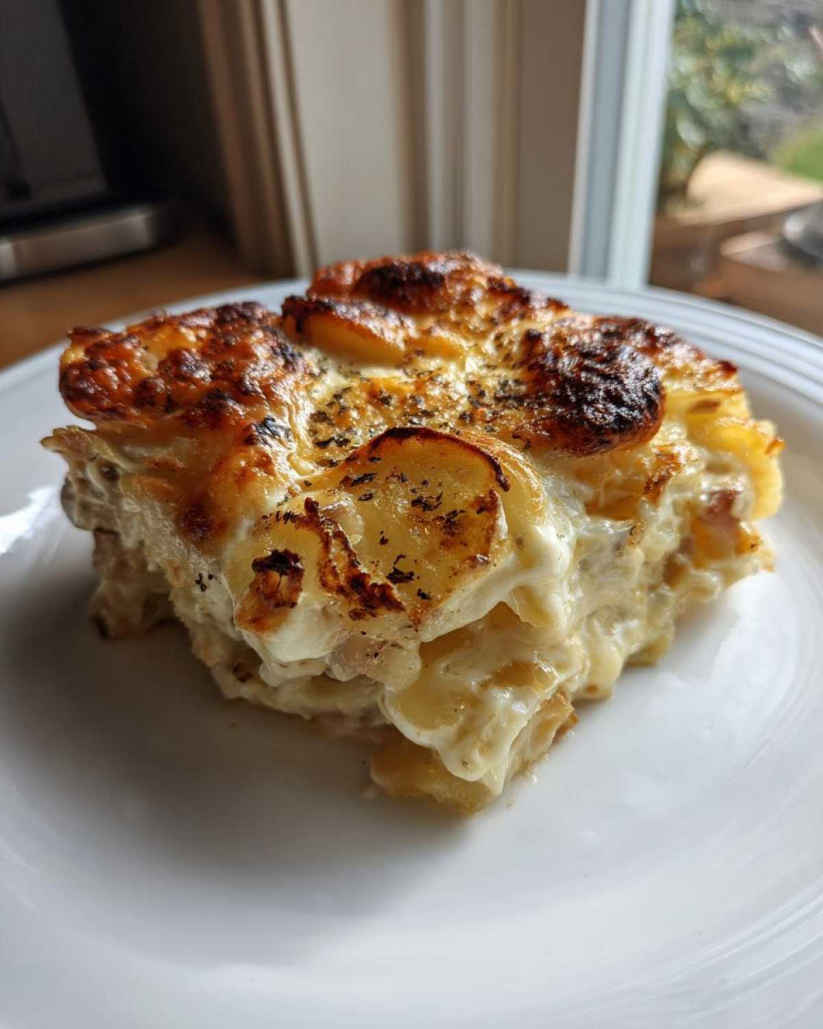 A generous square serving of creamy scalloped potatoes and ham with a beautifully browned and bubbly cheese crust.