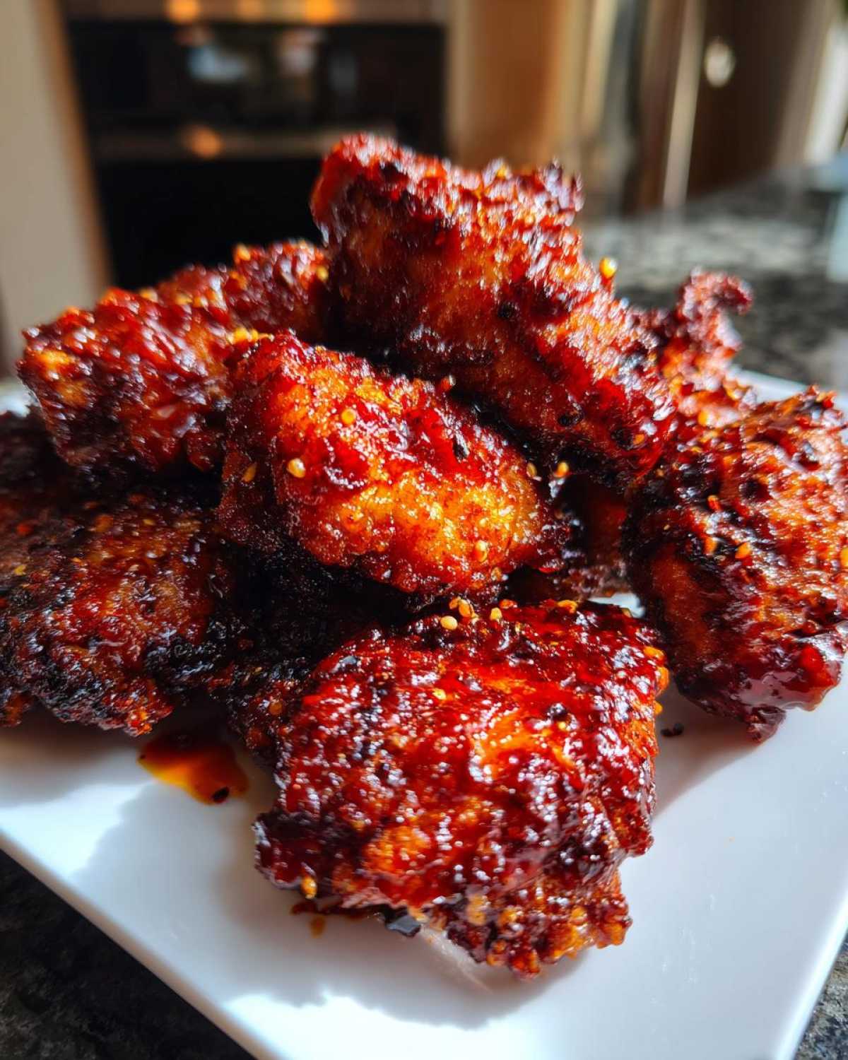 Close-up of sticky, glazed korean fried chicken pieces piled on a white plate, showing a deep red, crunchy exterior.