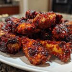 A close-up of a pile of intensely glazed, dark red korean fried chicken pieces on a white plate.