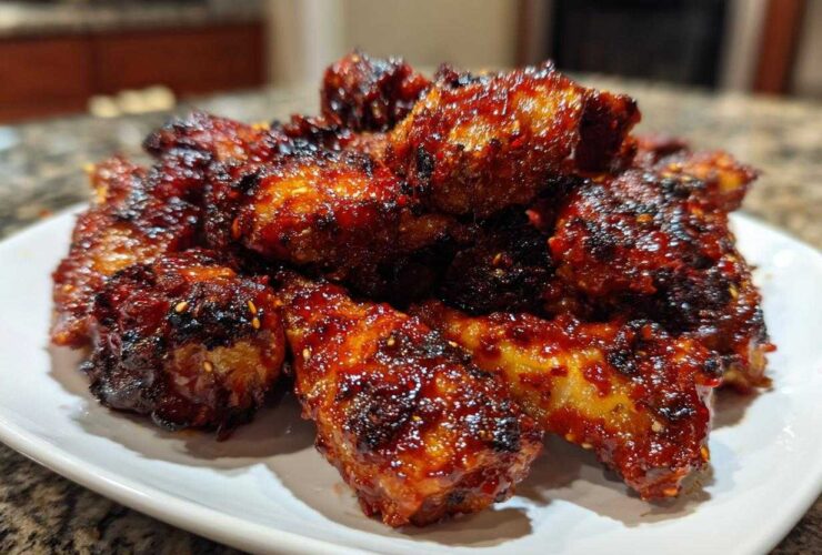 A close-up of a pile of intensely glazed, dark red korean fried chicken pieces on a white plate.