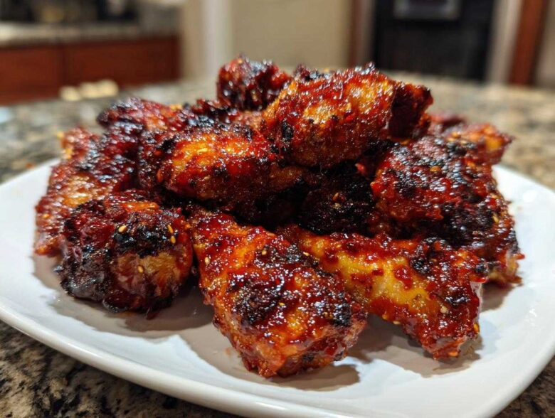 A close-up of a pile of intensely glazed, dark red korean fried chicken pieces on a white plate.