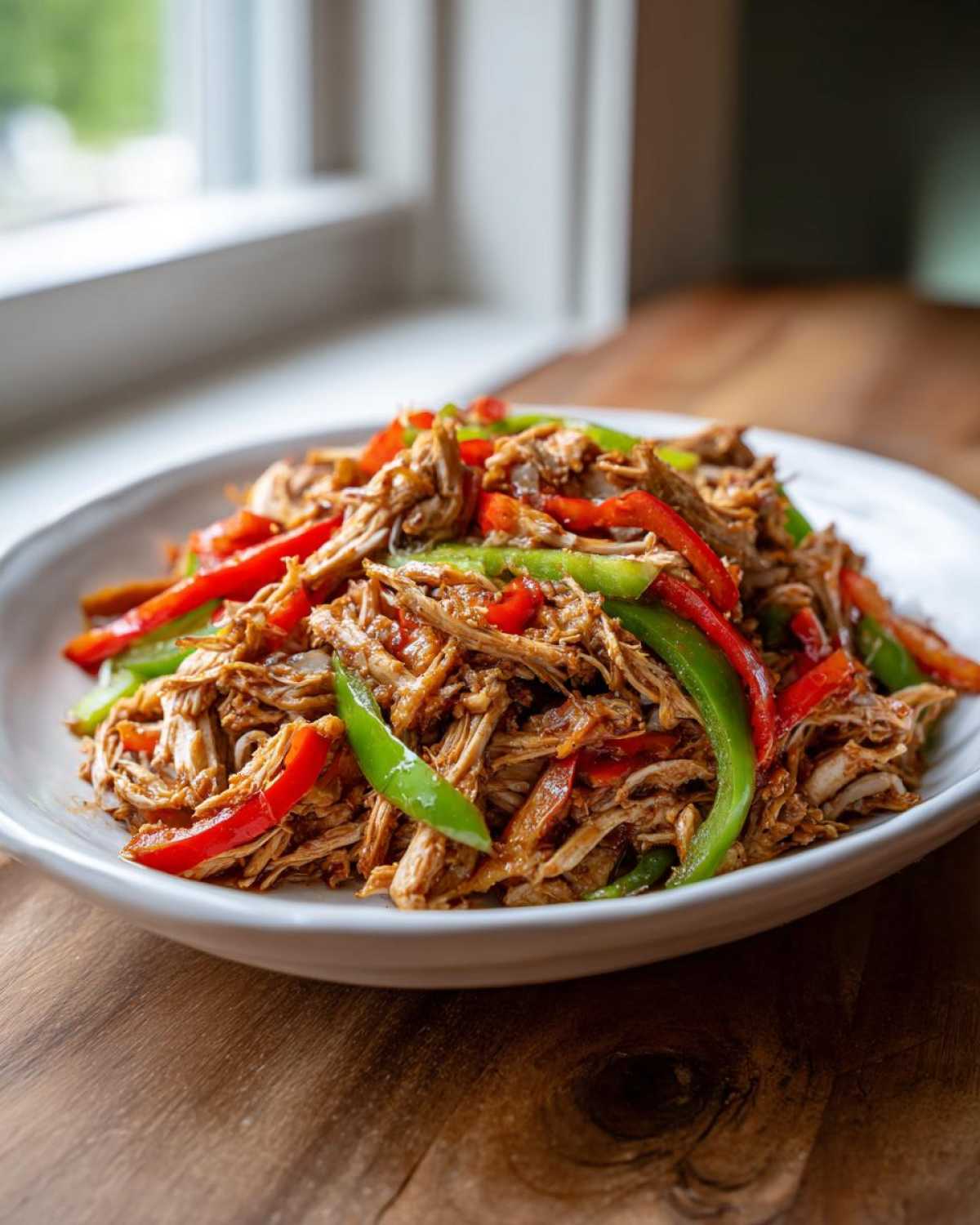 Shredded chicken mixed with sliced red and green peppers, ready for crockpot chicken fajitas.