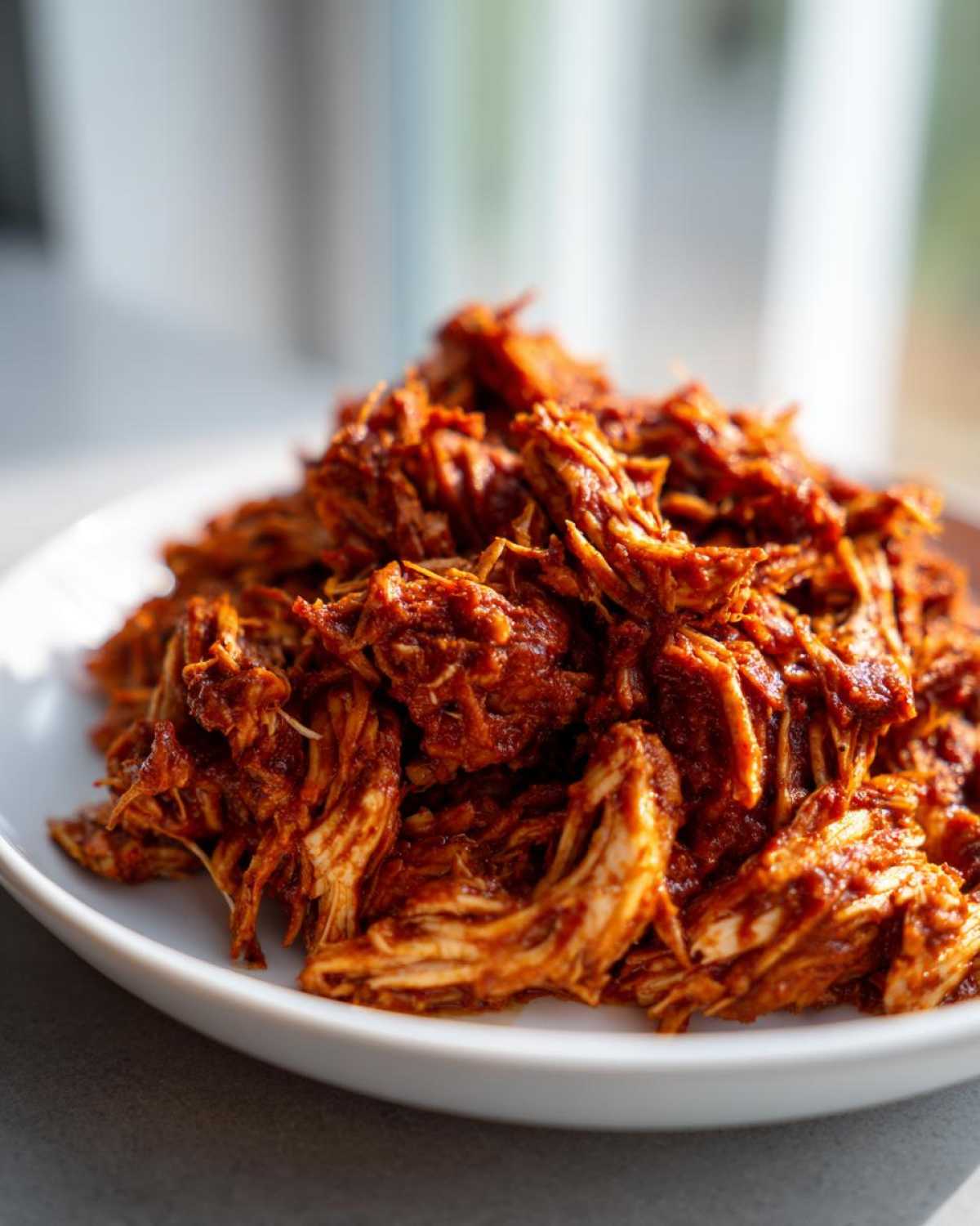 Close-up of shredded chicken tinga, richly coated in a vibrant red-orange sauce, piled high on a white plate.