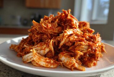 A mound of vibrant, shredded chicken tinga coated in rich red sauce piled high on a white plate.
