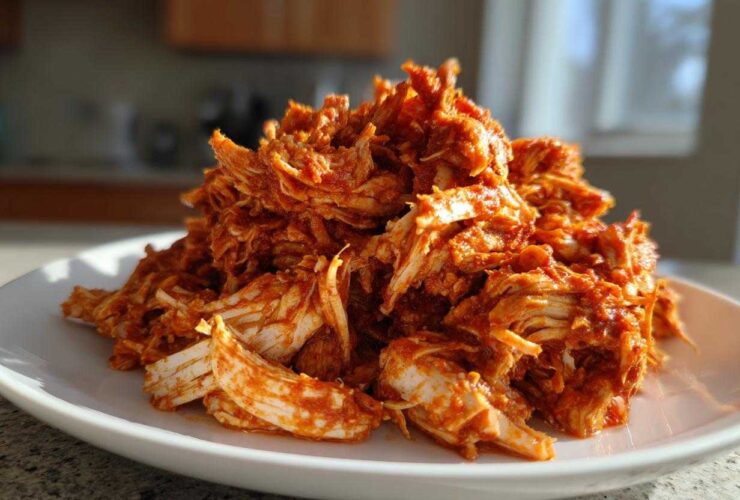A mound of vibrant, shredded chicken tinga coated in rich red sauce piled high on a white plate.