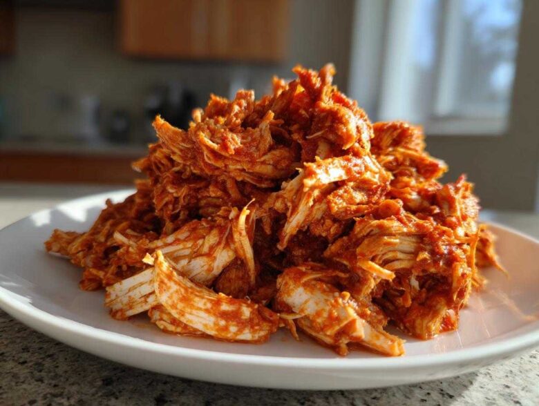 A mound of vibrant, shredded chicken tinga coated in rich red sauce piled high on a white plate.