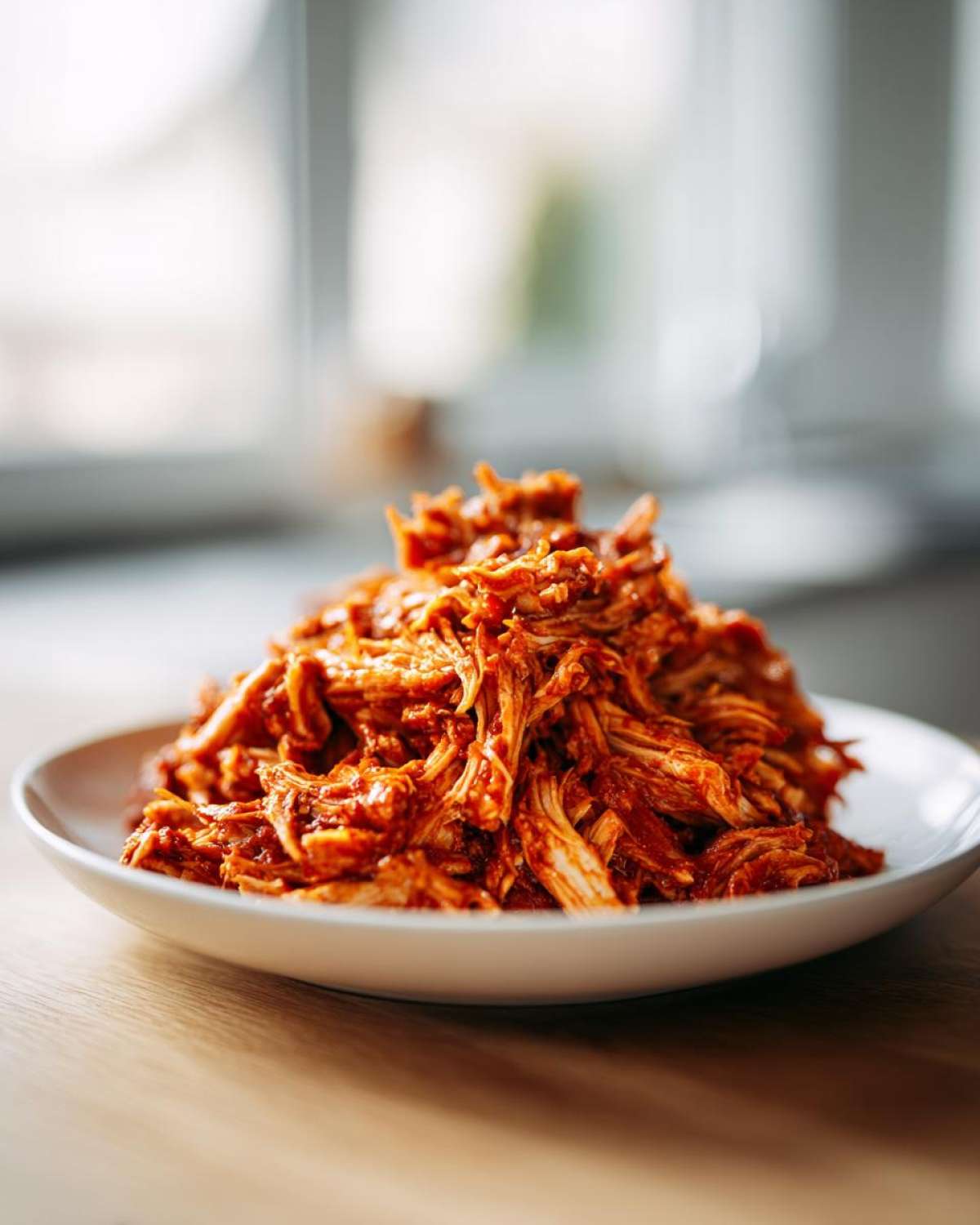 Close-up of richly sauced, shredded chicken tinga piled high on a white plate.