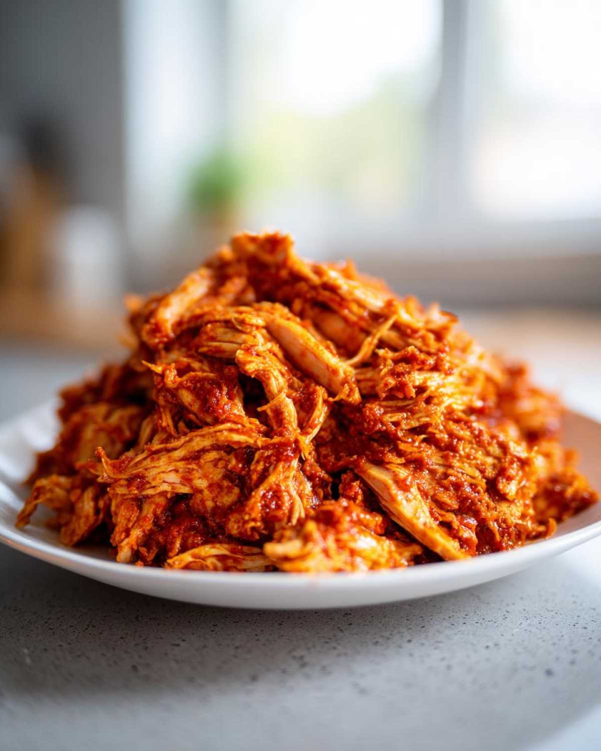 A close-up of shredded chicken tinga piled high on a white plate, coated in rich red sauce.