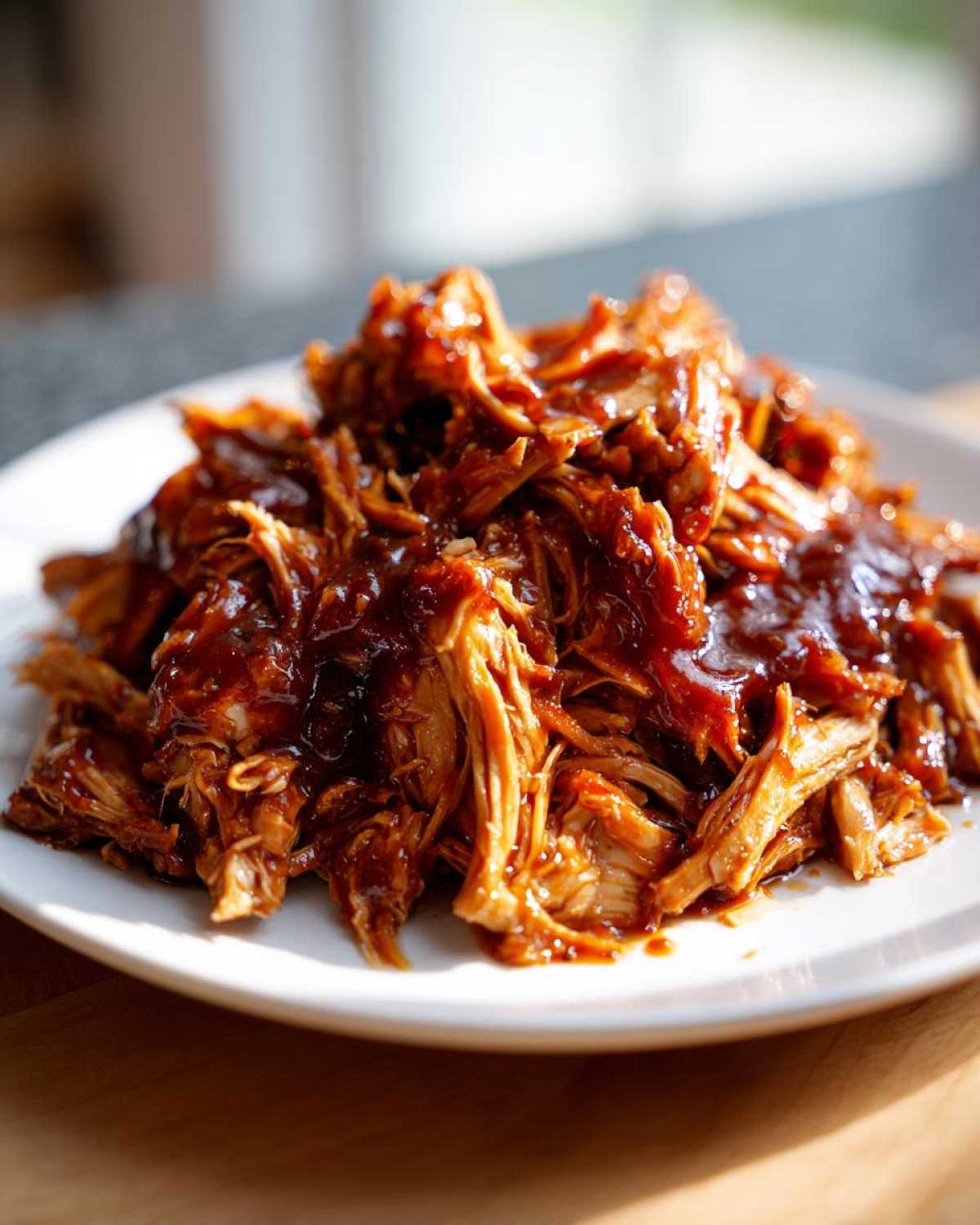 Close-up of shredded crockpot teriyaki chicken coated in glossy sauce, served on a white plate.