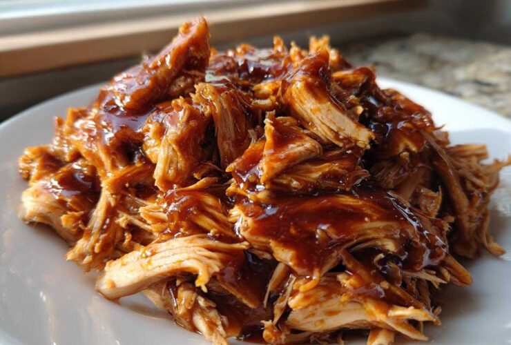 Close-up of moist, shredded crockpot teriyaki chicken generously coated in a thick, glossy teriyaki sauce.