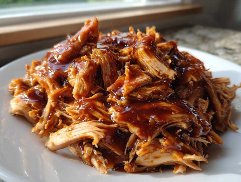 Close-up of moist, shredded crockpot teriyaki chicken generously coated in a thick, glossy teriyaki sauce.