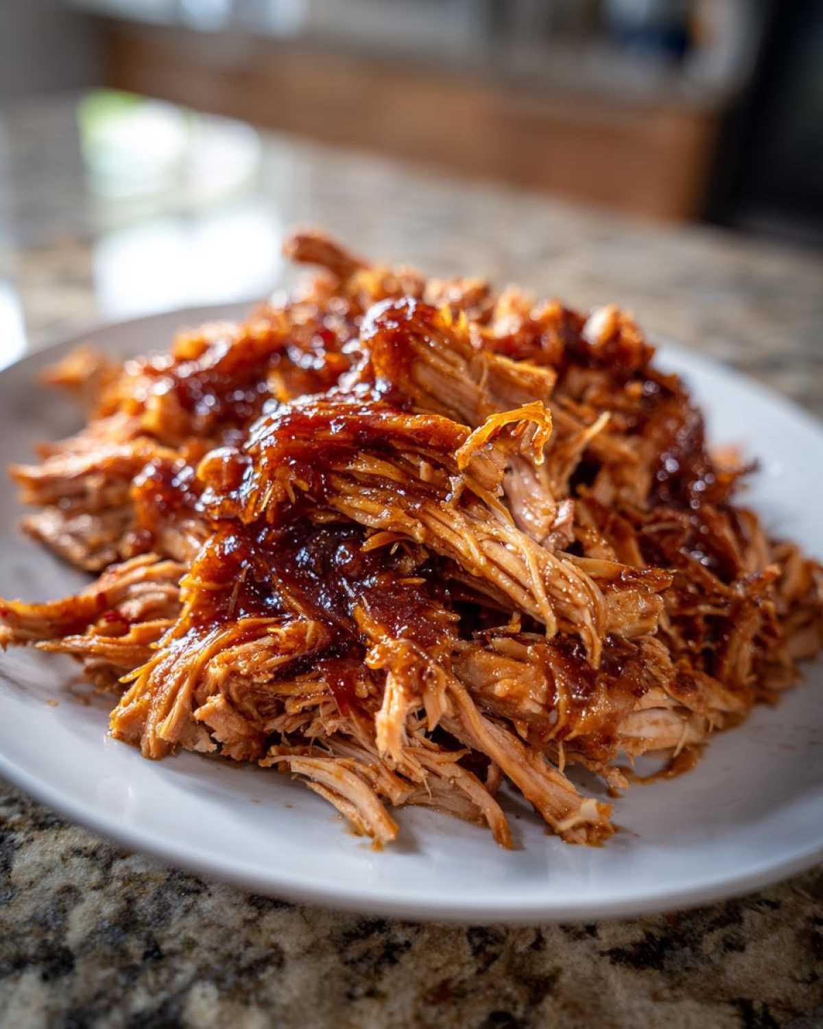 Close-up of shredded crockpot teriyaki chicken generously coated in a glossy teriyaki sauce, served on a white plate.