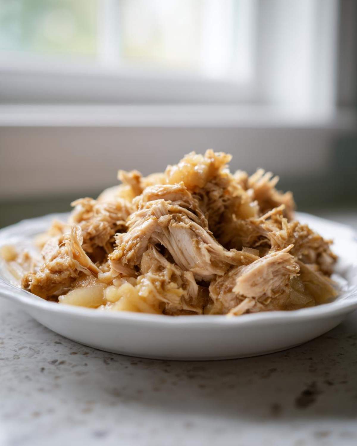 Close-up of tender, shredded pork and sauerkraut mixture served in a small white bowl.