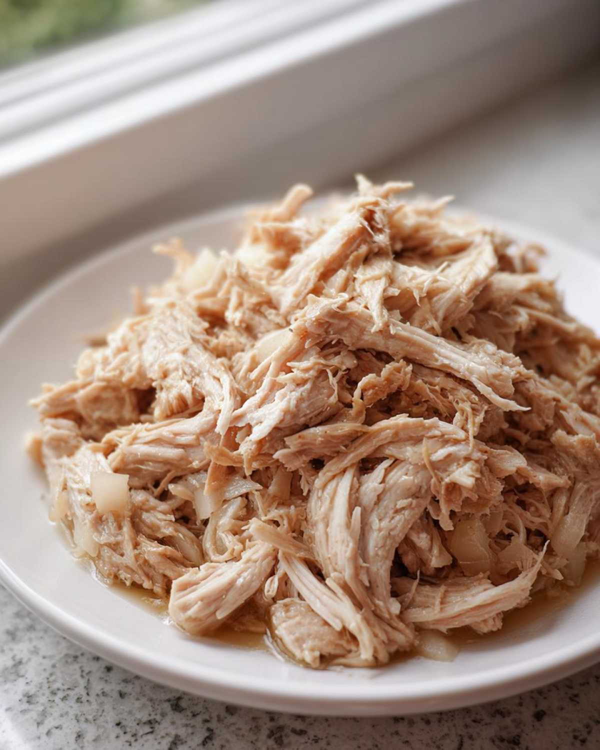 Close-up of tender, shredded pork meat, ready to be mixed with sauerkraut.