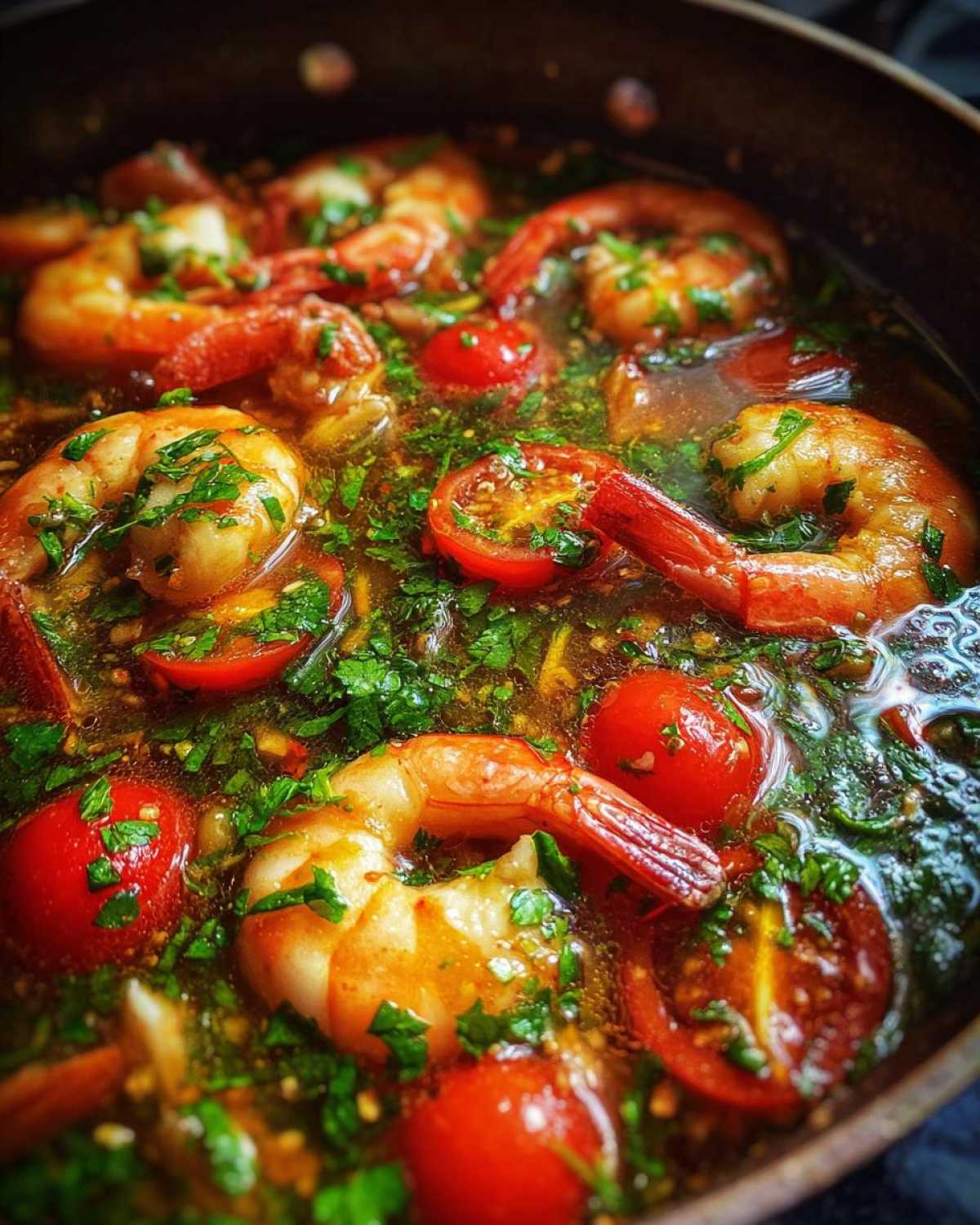 Close-up of plump shrimp and halved cherry tomatoes simmering in a rich, herb-filled broth for tom yum soup.
