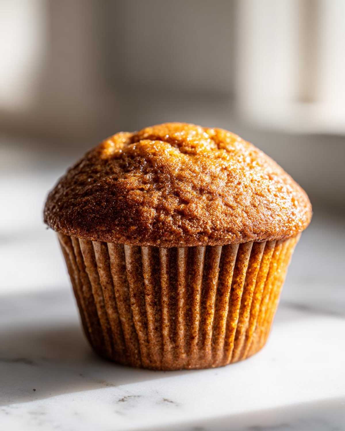 A single, golden-brown honey bran muffin with a domed top sitting on a white marble surface.