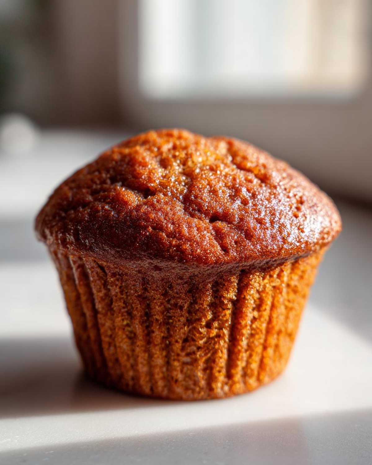 A single, perfectly baked honey bran muffin with a glossy, domed top, sitting on a white surface.