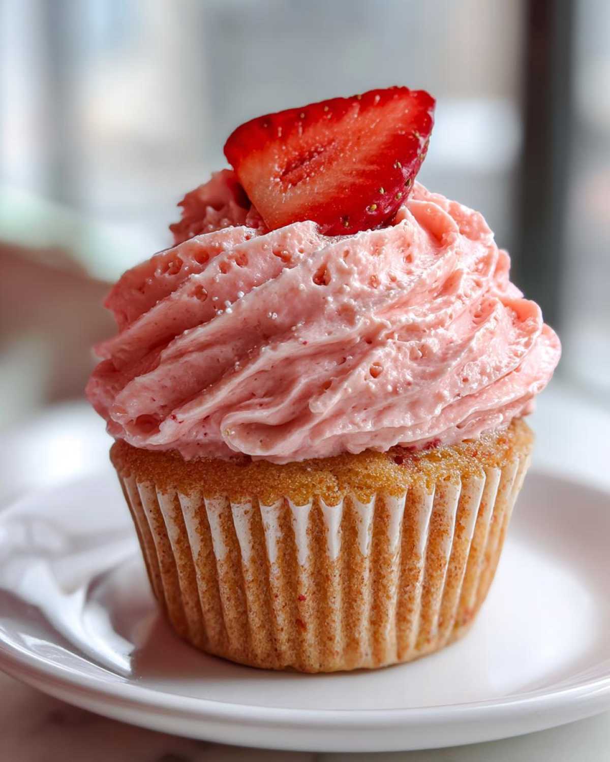 A beautifully frosted strawberry cupcake topped with a fresh strawberry slice, ready to eat.