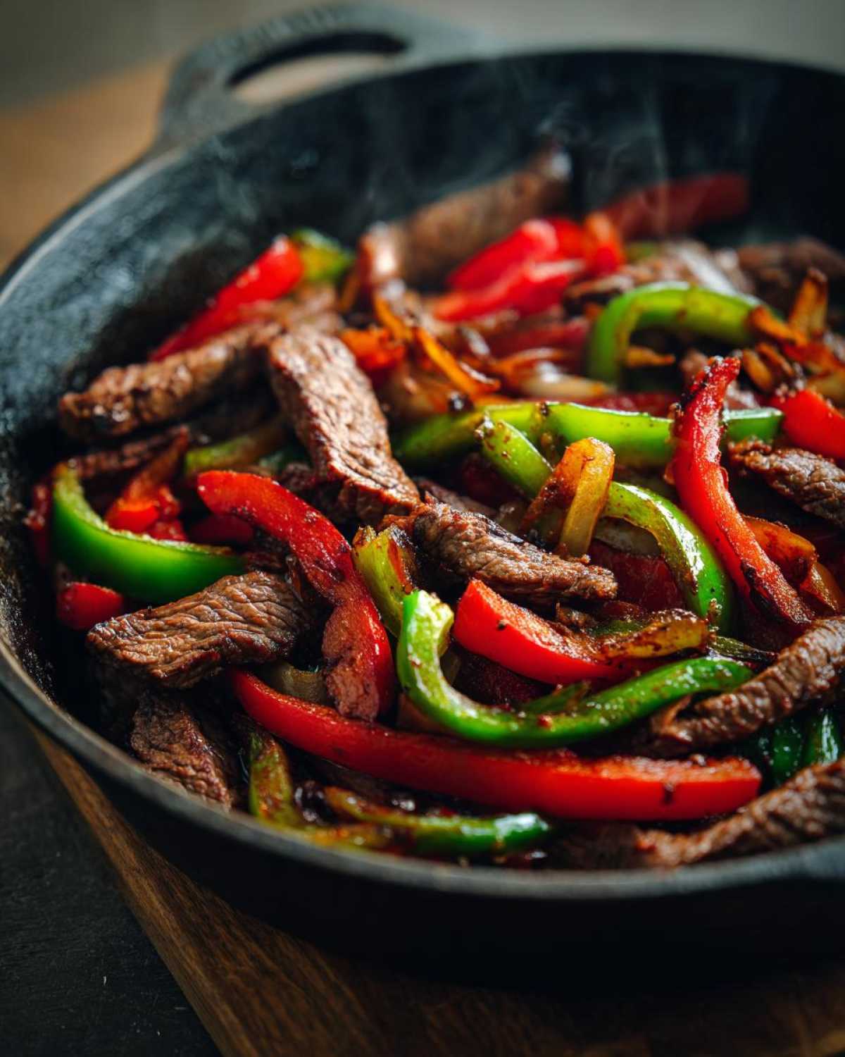 Close-up of sizzling steak fajitas with red and green bell peppers cooking in a hot cast iron skillet.