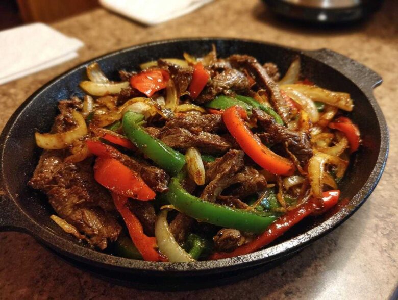 Close-up of sizzling steak fajitas with sliced beef, red peppers, green peppers, and onions in a black cast iron skillet.
