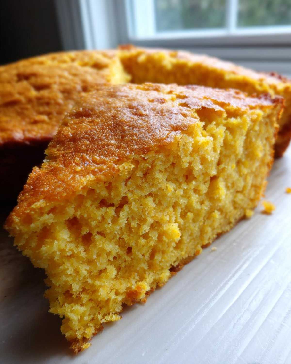 A close-up, cross-section view of a thick, golden slice of moist skillet cornbread.
