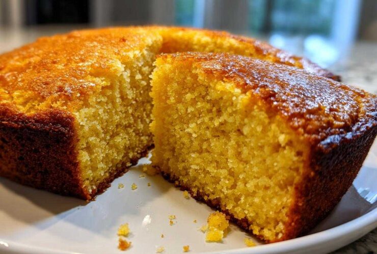 A thick slice cut from a golden, moist skillet cornbread, showing the crumb texture and dark crust.