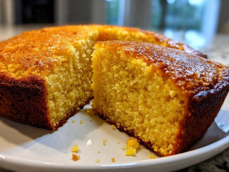 A thick slice cut from a golden, moist skillet cornbread, showing the crumb texture and dark crust.