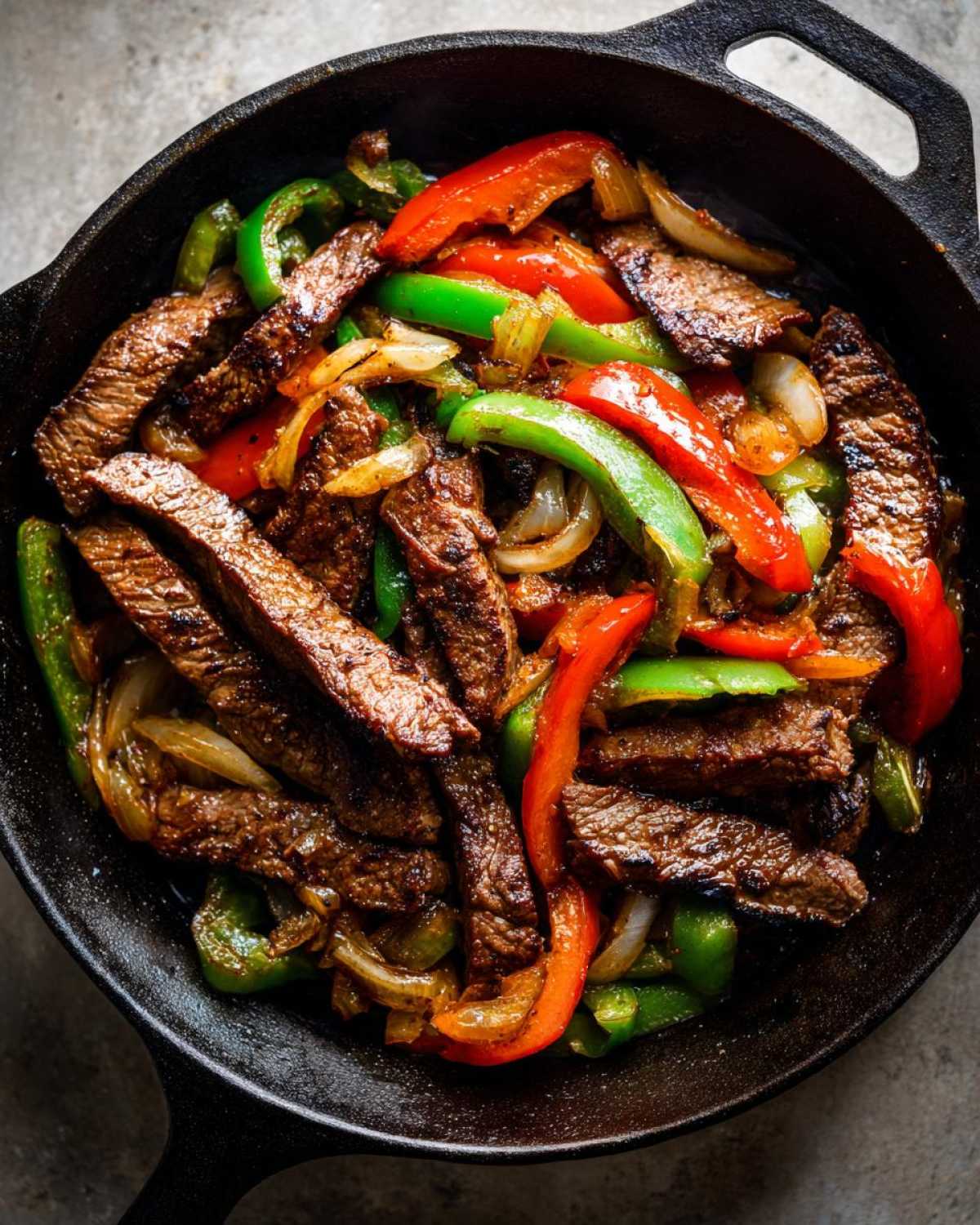 Close-up overhead view of sizzling steak fajitas with colorful bell peppers and onions in a black cast iron skillet.