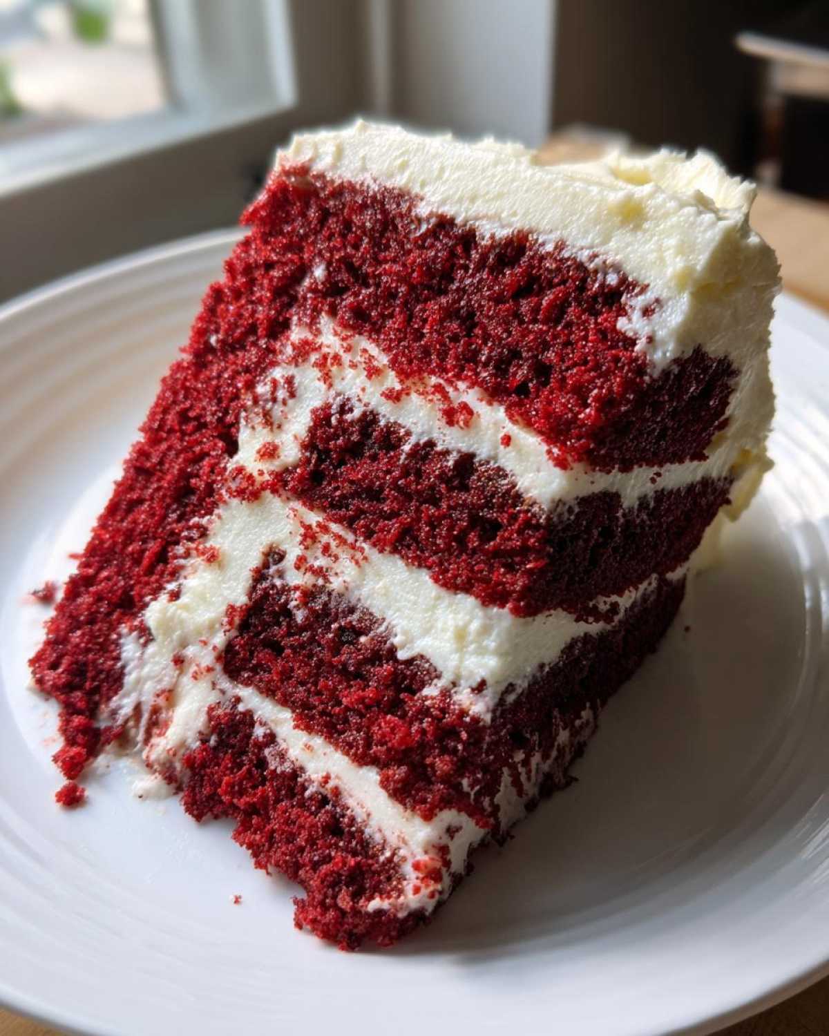 A close-up slice of moist, layered red velvet cake with thick white cream cheese frosting.