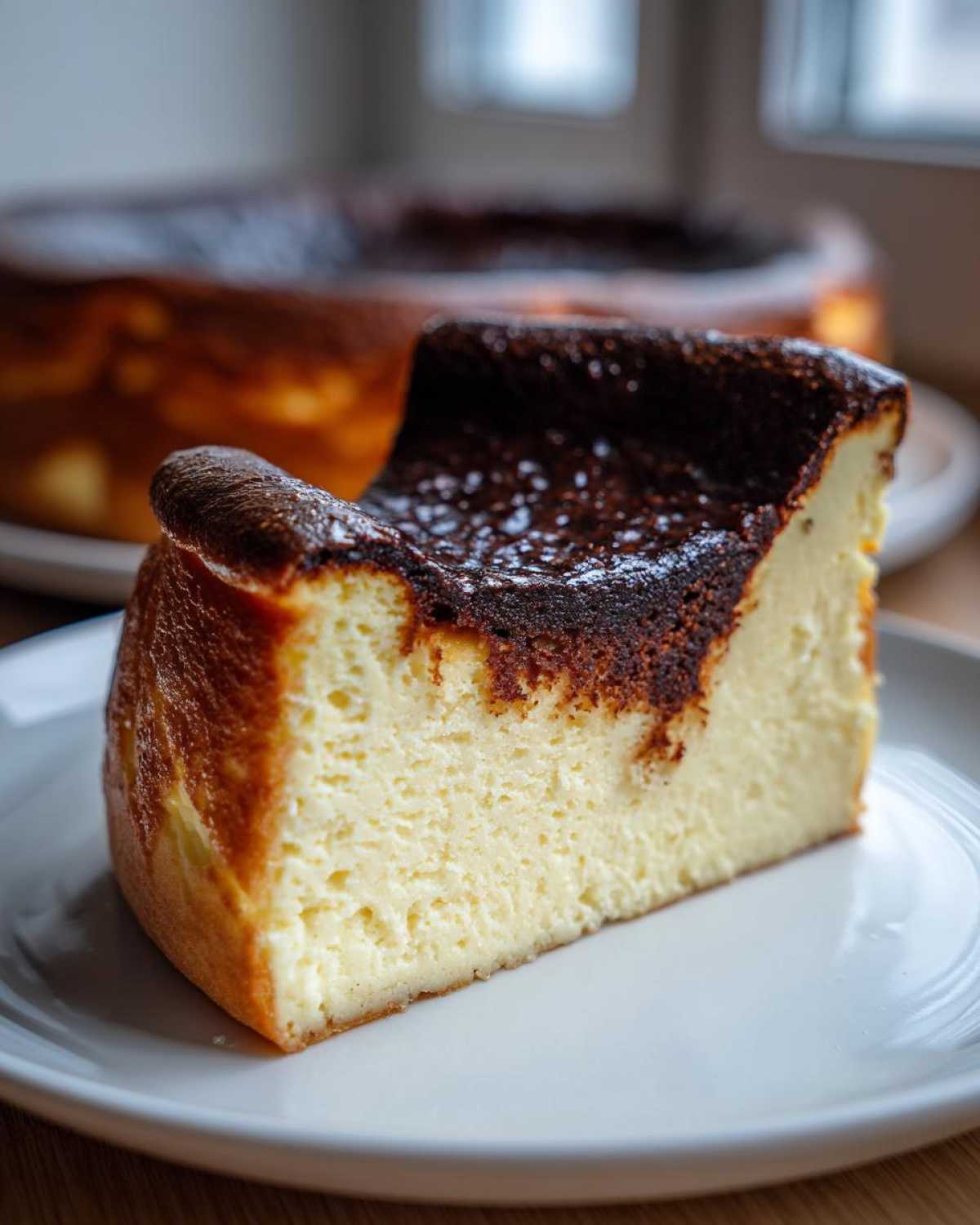 A close-up slice of creamy Basque burnt cheesecake with a dark, caramelized top.