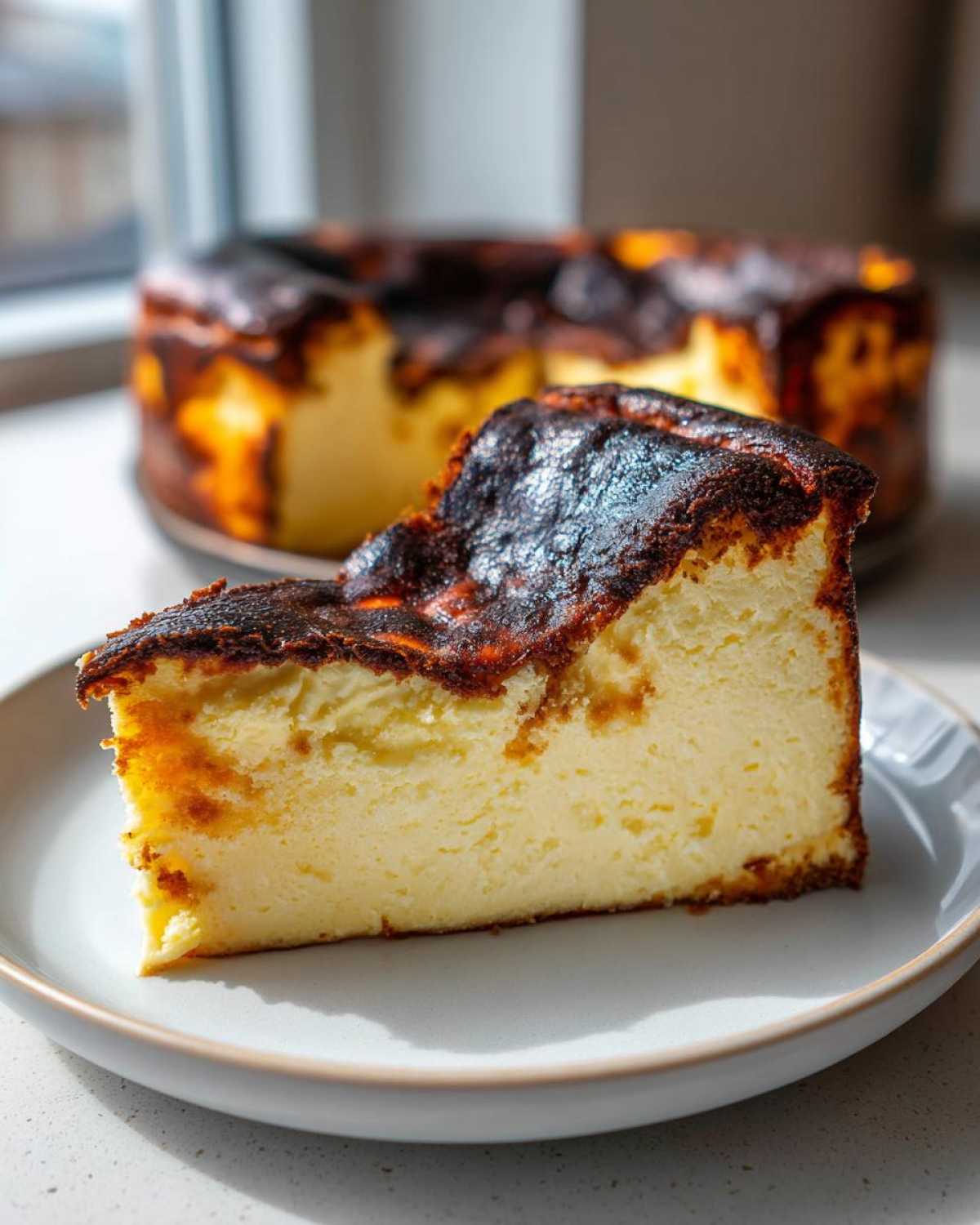 A thick slice of Basque burnt cheesecake with a deeply caramelized top served on a light plate.