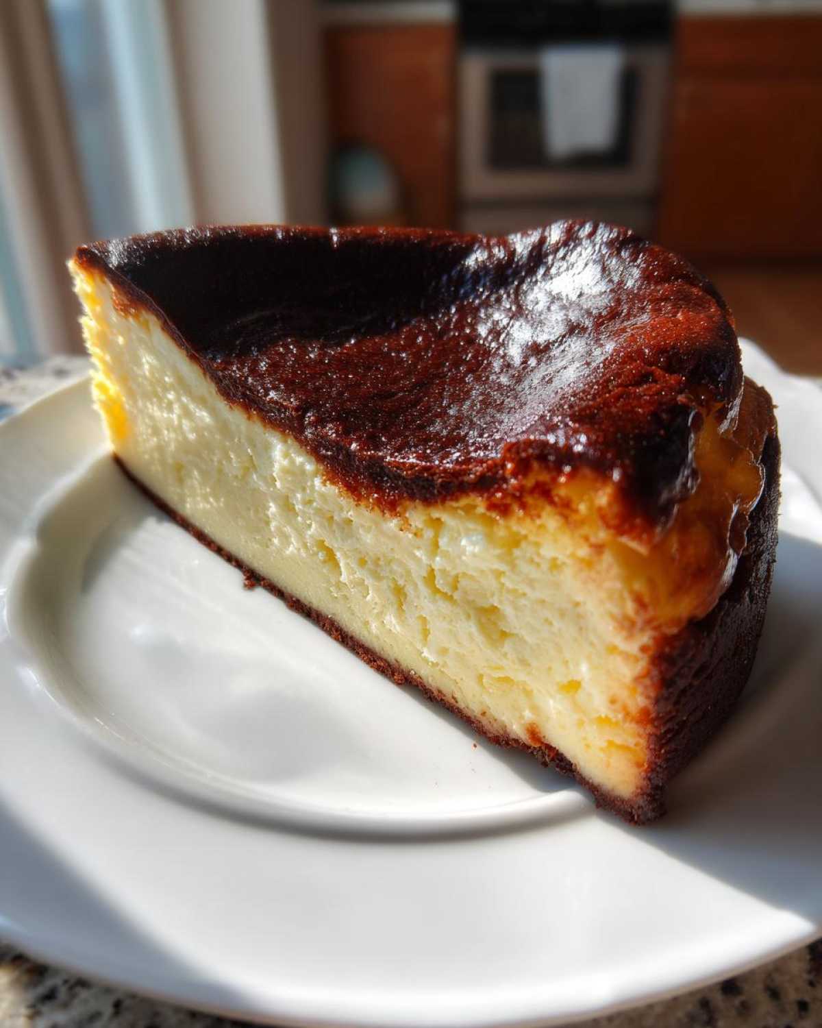 A close-up slice of creamy Basque burnt cheesecake showing its signature dark, caramelized top.