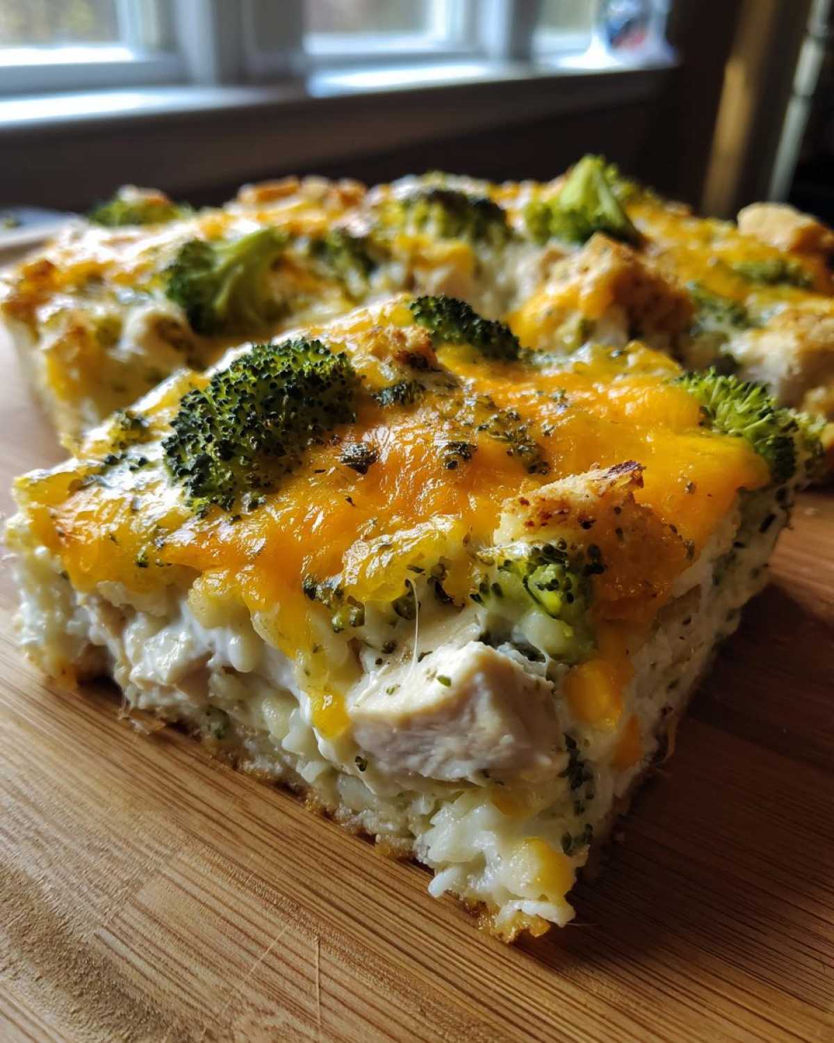 A close-up slice of creamy chicken broccoli rice casserole topped with melted cheddar cheese.
