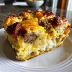 Close-up of a hearty slice of christmas breakfast casserole featuring sausage, eggs, and melted cheese on a white plate.