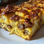 A close-up of a hearty slice of christmas breakfast casserole featuring sausage and browned egg topping.