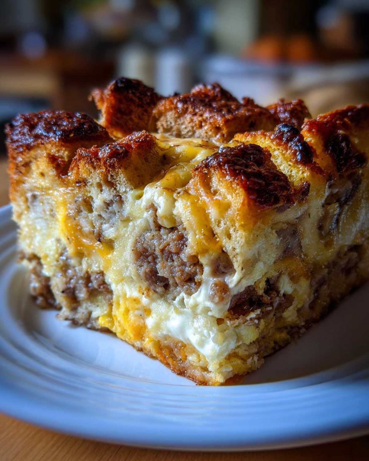 Close-up of a hearty slice of christmas breakfast casserole with sausage, bread, and melted cheese on a white plate.