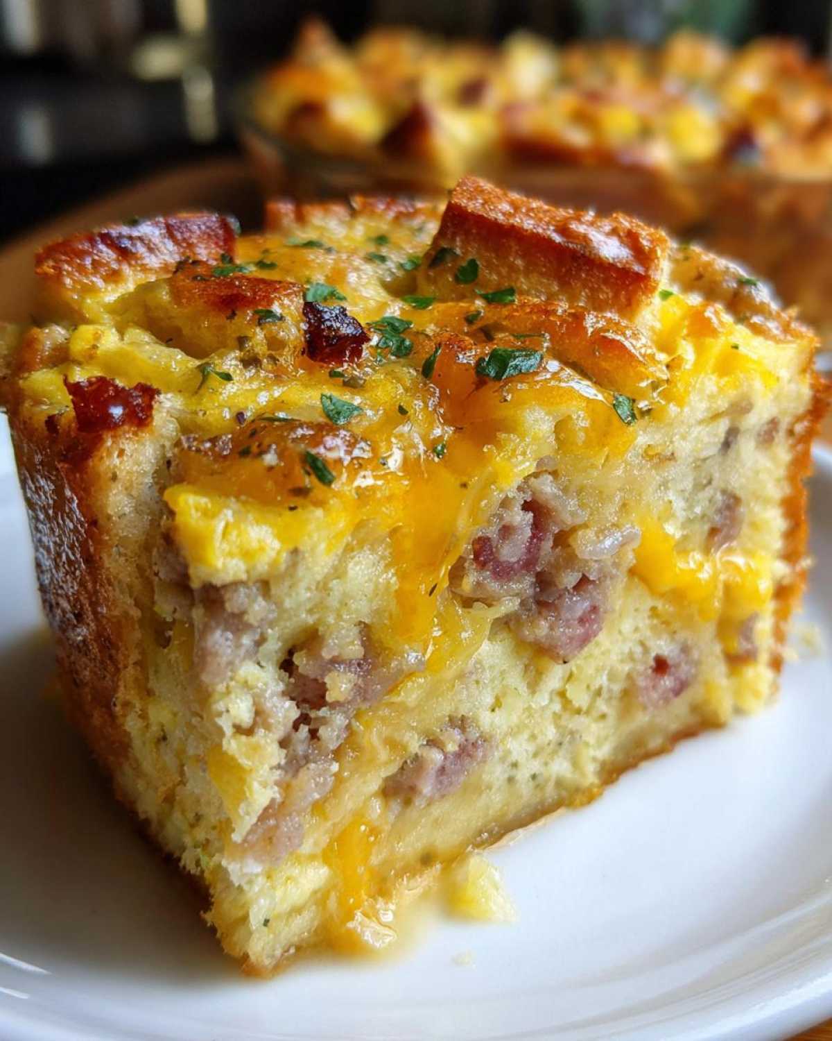 Close-up of a hearty slice of christmas breakfast casserole featuring sausage, egg, and melted cheddar cheese on a white plate.